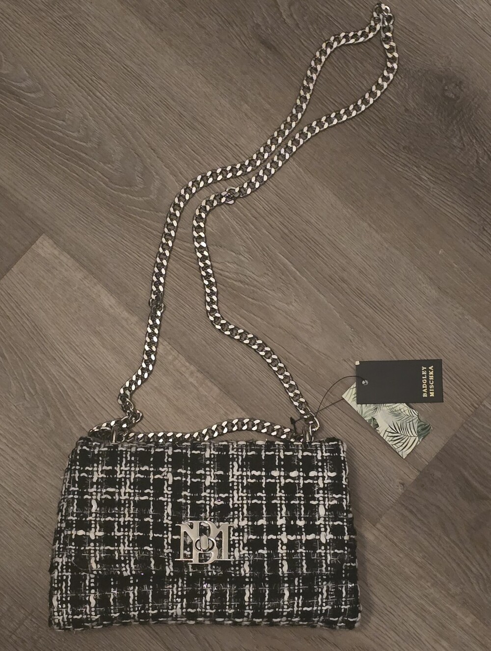 Badgley Mischka Black & White Tweed Chain Shoulder Bag